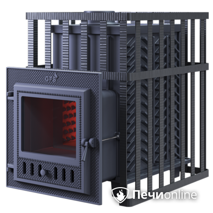 Дровяная банная печь Гефест ЗК в сетке-18 (М) чугунная дверца со стеклом, запатентованная каменка сетка в Самаре